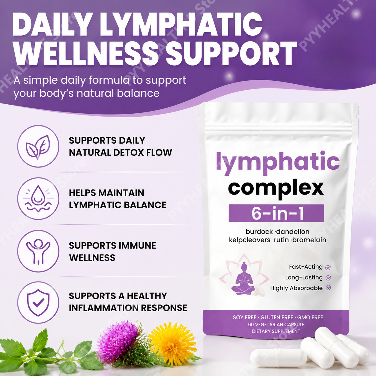 Herbal Supplement - 6-in-1 Lymfatisch Complex Capsule Burdock Dandelion